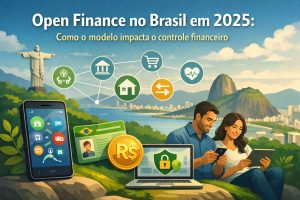 Ilustração com o título “Open Finance no Brasil em 2025: Como o modelo impacta o controle financeiro”, ambientada no Rio de Janeiro, com o Cristo Redentor à esquerda e o Pão de Açúcar ao fundo. No centro, ícones conectados por linhas representam serviços financeiros e do dia a dia (banco, compras, saúde, casa e transferências), simbolizando o compartilhamento de dados no Open Finance. Em primeiro plano, há um smartphone com ícones de app financeiro, um cartão e documento com bandeira do Brasil, uma moeda com símbolo “R$” e um notebook com cadeado e escudo, indicando segurança e proteção de dados. À direita, um casal ilustrado usa celular e tablet, sugerindo gestão digital das finanças e maior controle financeiro por meio de plataformas integradas.