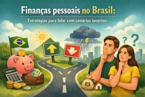 Ilustração com o título “Finanças pessoais no Brasil: estratégias para lidar com cenários incertos”. À esquerda, um cofrinho com moedas, uma calculadora, uma carteira com dinheiro e a bandeira do Brasil representam poupança e organização financeira. Ao centro, uma estrada se divide em dois caminhos, com placas indicando subida e descida, simbolizando decisões financeiras e riscos. No fundo, elementos climáticos contrastantes, como sol e tempestade, reforçam a ideia de incerteza econômica. À direita, um casal ilustrado aparece pensativo ao lado de um saco de dinheiro com símbolo “R$” e uma casa, representando planejamento financeiro, dúvidas e escolhas para o futuro.