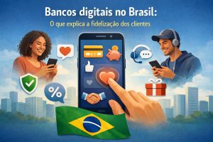 Ilustração com o título “Bancos digitais no Brasil: o que explica a fidelização dos clientes”. No centro, um smartphone exibe ícones de serviços financeiros digitais, como cartão, cofrinho, curtidas e aperto de mãos, simbolizando confiança e relacionamento com o cliente. Uma mão toca o ícone de coração na tela, representando satisfação e fidelização. À esquerda, uma mulher ilustrada sorri enquanto usa o celular, acompanhada de ícones de segurança e benefícios financeiros. À direita, um homem ilustrado com fone de ouvido utiliza o smartphone, com ícones de atendimento, presentes e recompensas. Ao fundo, um cenário urbano e a bandeira do Brasil reforçam o contexto nacional dos bancos digitais.