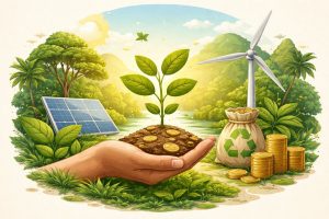 Ilustração representando investimentos sustentáveis no Brasil. Em primeiro plano, uma mão segura um pequeno monte de terra com uma planta crescendo, simbolizando crescimento financeiro aliado à sustentabilidade. Ao redor, moedas douradas estão espalhadas pelo solo. À esquerda, um painel solar integrado à vegetação representa energia renovável. À direita, uma turbina eólica e um saco de dinheiro com símbolo de reciclagem reforçam práticas sustentáveis e economia circular. O cenário é composto por natureza abundante, árvores e luz solar, destacando a relação entre preservação ambiental, energias limpas e investimentos responsáveis.