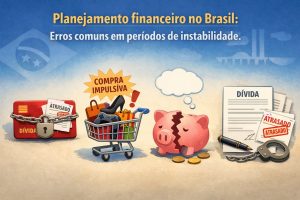 Ilustração com o título “Planejamento financeiro no Brasil: erros comuns em períodos de instabilidade”. A cena mostra, em sequência, símbolos de problemas financeiros: à esquerda, uma carteira vermelha com corrente e cadeado ao lado de documentos marcados como “atrasado”, representando dívidas e contas vencidas. Ao centro, um carrinho de compras com itens e o aviso “compra impulsiva”, sugerindo gastos sem planejamento. Em seguida, um cofrinho rachado com poucas moedas e um balão de pensamento indica preocupação e perda de reservas. À direita, papéis com a palavra “dívida”, carimbos de “atrasado”, uma caneta e algemas reforçam as consequências do descontrole financeiro e do endividamento.