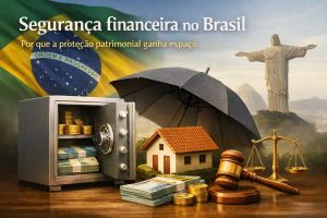 Capa ilustrada com o título “Segurança financeira no Brasil: por que a proteção patrimonial ganha espaço”. Em primeiro plano, um cofre aberto com pilhas de dinheiro e moedas representa reservas financeiras e proteção de patrimônio. Ao lado, uma casa coberta por um grande guarda-chuva simboliza segurança e prevenção contra riscos. À direita, um martelo de juiz e uma balança remetem a proteção jurídica e organização patrimonial. Ao fundo, a bandeira do Brasil aparece parcialmente, enquanto o Cristo Redentor e montanhas ao longe reforçam o contexto brasileiro. A cena transmite a ideia de blindagem financeira, estabilidade e planejamento de longo prazo.