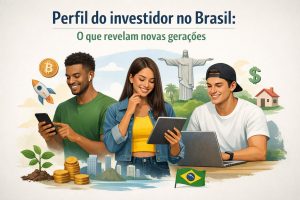 Capa ilustrada com o título “Perfil do investidor no Brasil: o que revelam novas gerações”. Três jovens aparecem em destaque usando tecnologia para acompanhar investimentos: um rapaz com fones olhando o celular, uma jovem consultando um tablet e um rapaz com boné usando um notebook. Ao redor deles, ícones simbolizam tendências financeiras e novos ativos, como uma moeda de bitcoin, um foguete (crescimento), uma planta com moedas (investimento de longo prazo), além de símbolos de dólar e uma casa (patrimônio). Ao fundo, o Cristo Redentor e elementos urbanos reforçam o contexto brasileiro, sugerindo a modernização do perfil do investidor com acesso digital e informação.