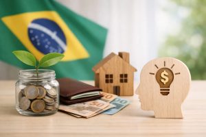 Composição simbólica sobre mentalidade financeira no Brasil, mostrando um pote de vidro com moedas e uma planta crescendo, uma carteira com cédulas de real, uma casa de madeira e uma silhueta de cabeça com ícone de lâmpada representando ideias. Ao fundo, a bandeira do Brasil reforça o contexto nacional. A cena ilustra dicas sobre como crenças e hábitos moldam atitudes em relação ao dinheiro, à poupança e ao planejamento financeiro.