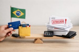 Imagem ilustrando compras parceladas no Brasil, com uma balança simbolizando o equilíbrio financeiro. De um lado, uma mão segura um cartão de crédito ao lado de sacolas de compras, moedas e uma pequena bandeira do Brasil, representando consumo facilitado. Do outro lado, há uma pilha de contas com o carimbo “atrasado”, uma calculadora e uma carteira, indicando risco de endividamento. A cena reforça dicas sobre quando o parcelamento ajuda e quando compromete o orçamento doméstico.