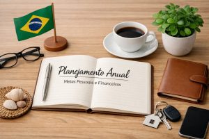 Imagem de planejamento anual no Brasil, com caderno aberto mostrando metas pessoais e financeiras, caneta, carteira, chaves de casa, celular, xícara de café e bandeira do Brasil sobre uma mesa organizada, representando dicas para alinhar objetivos financeiros e pessoais ao longo do ano.