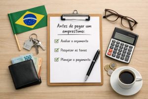 Imagem sobre uso consciente de empréstimos no Brasil, mostrando um checklist com dicas antes de pegar um empréstimo, incluindo avaliar o orçamento, pesquisar taxas e planejar o pagamento. A cena traz calculadora, carteira com dinheiro, xícara de café, moedas, caneta e a bandeira do Brasil, reforçando dicas práticas para assumir dívidas de forma responsável e planejada.