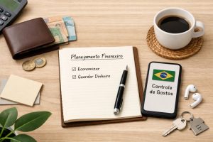 Mesa de trabalho com caderno aberto escrito “Planejamento Financeiro”, lista de metas como economizar e guardar dinheiro, carteira com cédulas de real, moedas, celular exibindo controle de gastos com a bandeira do Brasil, xícara de café e chaves, representando dicas de organização financeira no Brasil e métodos práticos adaptados à rotina real.