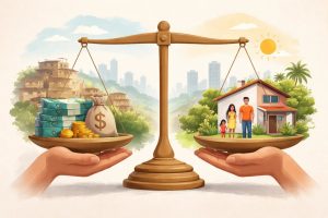 Ilustração conceitual mostrando uma balança equilibrando renda e qualidade de vida no Brasil, com dinheiro e símbolos financeiros de um lado e uma família em frente a uma casa do outro, representando escolhas conscientes entre ganhos financeiros e bem-estar. A cena destaca dicas sobre limites, prioridades e decisões que impactam a qualidade de vida.