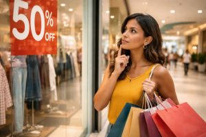 Mulher brasileira em um shopping observando uma vitrine com placa de promoção “50% OFF”, segurando várias sacolas de compras coloridas e refletindo antes de comprar, representando dicas sobre consumo por impulso no Brasil e como o ambiente de promoções influencia decisões financeiras.