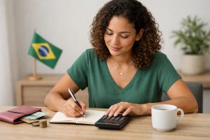 Mulher brasileira sentada à mesa organizando seu planejamento financeiro, anotando despesas em um caderno enquanto utiliza uma calculadora, com carteira, dinheiro em espécie, moedas e uma xícara de café ao lado. A cena representa o planejamento financeiro feminino no Brasil, destacando desafios e oportunidades atuais, com foco em organização, autonomia e dicas para uma gestão consciente do dinheiro.