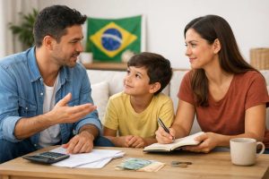 Família brasileira reunida à mesa discutindo planejamento financeiro, com pai, mãe e filho dialogando sobre orçamento, contas e organização do dinheiro. A cena mostra calculadora, caderno de anotações e cédulas, reforçando dicas de planejamento financeiro em família no Brasil, onde o diálogo é essencial para equilibrar renda, despesas e objetivos comuns.