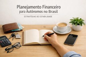 Mulher autônoma no Brasil organizando finanças em uma mesa de trabalho, anotando planejamento financeiro em um caderno, com calculadora, carteira, celular e café ao lado. A imagem transmite dicas de planejamento financeiro para autônomos, focando em estabilidade, controle de gastos e estratégias para lidar com renda variável.