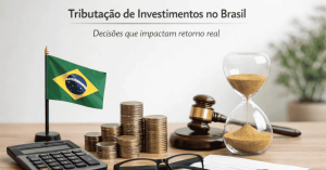 Investimentos no Brasil ilustrados por pilhas de moedas ao lado da bandeira brasileira, calculadora, martelo jurídico e ampulheta, representando a tributação de investimentos e decisões que impactam o retorno real ao longo do tempo.
