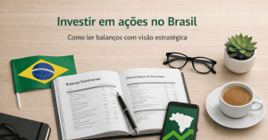 Cena de investimentos no Brasil com livro aberto exibindo balanço patrimonial e demonstração de resultados, caneta sobre as páginas, bandeira do Brasil ao lado, smartphone com gráfico de alta e mapa do país, óculos, caderno e xícara de café sobre a mesa, representando análise estratégica e educação em investimentos.