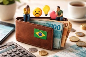 Carteira com bandeira do Brasil e cédulas de real visíveis, sobre mesa com moedas, calculadora e smartphone, enquanto miniaturas de pessoas expressam preocupação e reflexão ao lado de ícones de emoção e ideia, representando a influência das emoções nas decisões de Finanças pessoais e no planejamento financeiro no Brasil.