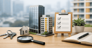 Maquete de prédios residenciais e comerciais sobre uma mesa, ao lado de chaves, lupa e prancheta com checklist, ilustrando análise de investimentos em fundos imobiliários no Brasil e critérios além do rendimento mensal.