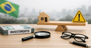 Imagem sobre investimentos no Brasil. Em uma mesa de madeira, há uma pilha de dinheiro com a palavra “INVESTIMENTO”, uma lupa, óculos e uma caneta. Ao centro, uma balança de madeira traz de um lado uma casa em miniatura e, do outro, um símbolo de alerta amarelo, representando risco. Ao fundo, a bandeira do Brasil aparece desfocada, reforçando o contexto nacional e a ideia de análise entre segurança e risco nos investimentos imobiliários.