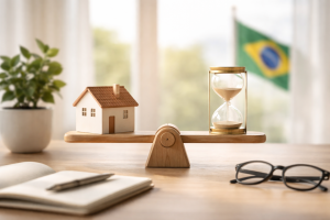 Miniatura de uma casa posicionada sobre uma pequena balança de madeira equilibrada com uma ampulheta, simbolizando a relação entre tempo e planejamento financeiro em investimentos imobiliários. A cena está sobre uma mesa com um caderno aberto, uma caneta e um par de óculos, enquanto ao fundo aparece desfocada a bandeira do Brasil e uma planta decorativa, representando planejamento financeiro, análise de mercado e decisões estratégicas para investimentos de longo prazo no país.