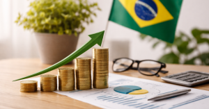 Pilhas de moedas organizadas em ordem crescente sobre uma mesa representam crescimento financeiro e acumulação de capital, enquanto uma seta verde apontando para cima simboliza valorização e aumento de investimentos. A cena inclui documentos com gráficos financeiros, uma calculadora, óculos e uma caneta, indicando análise de dados e planejamento econômico. Ao fundo, a bandeira do Brasil aparece desfocada ao lado de uma planta decorativa, reforçando o contexto de investimentos e desenvolvimento econômico no cenário brasileiro.
